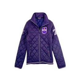 Design navy blue women's checkered cotton quilted jacket custom-made embroidery No. 21 equestrian Victoria team cloth button zipper design quilted jacket supplier equestrian competition J975 Design navy blue women's checkered cotton quilted jacket custom-made embroidery No. 21 equestrian Victoria team cloth button zipper design quilted jacket supplier equestrian competition J975